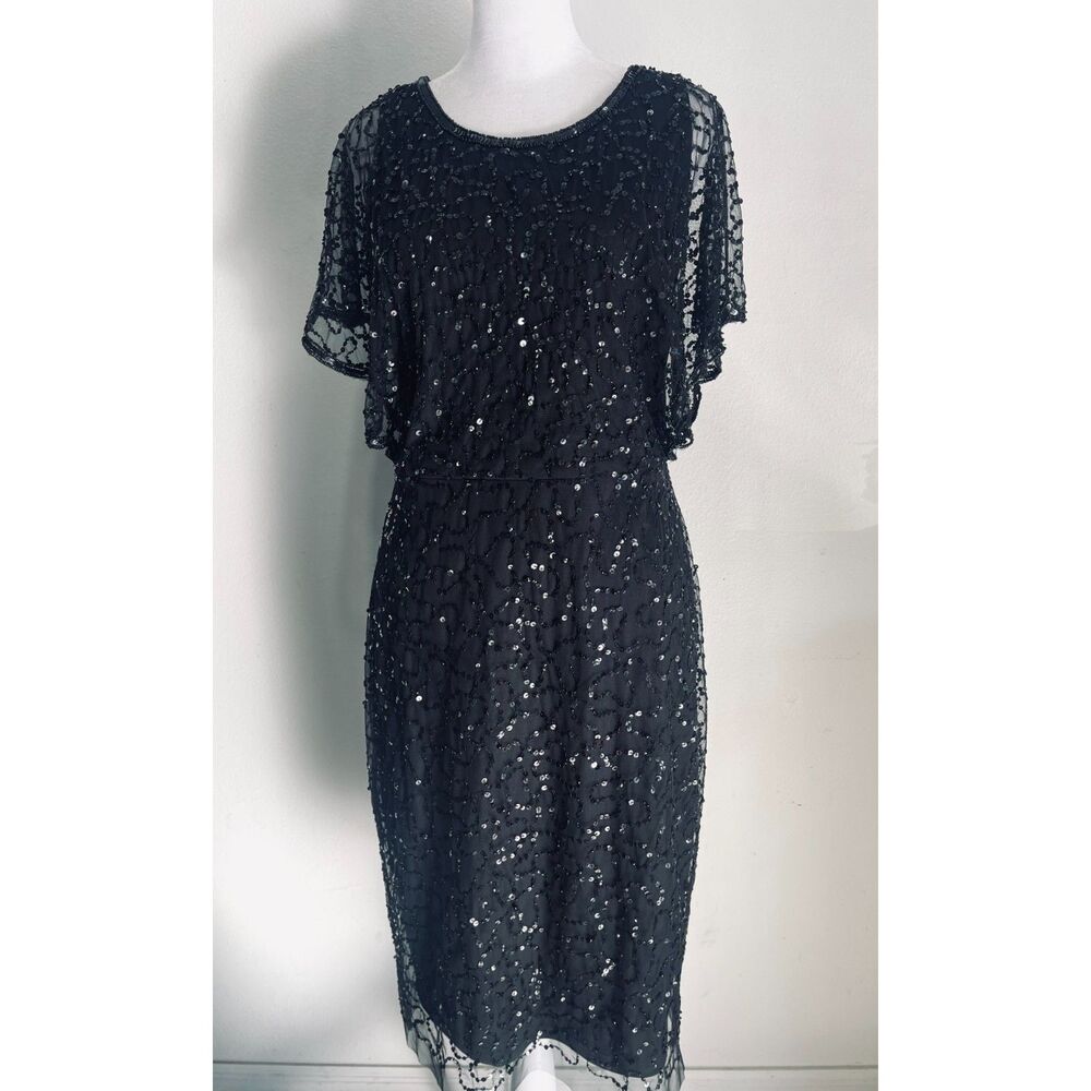 Adrianna Papell dress sequins black beaded flare festive formal timeless women 8